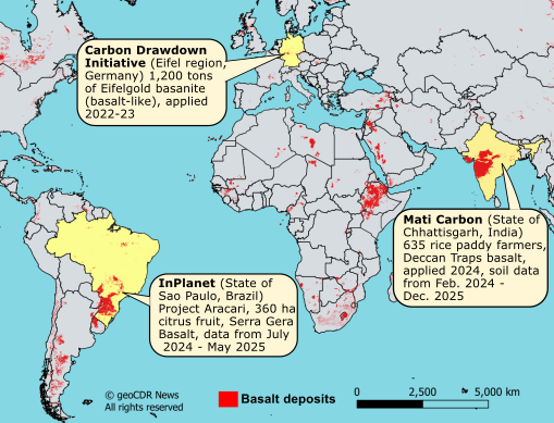 Map showing general locations of three ERW projects in Brazil, Germany, and India that added data to Cascade Climate's ERW Data Quarry.