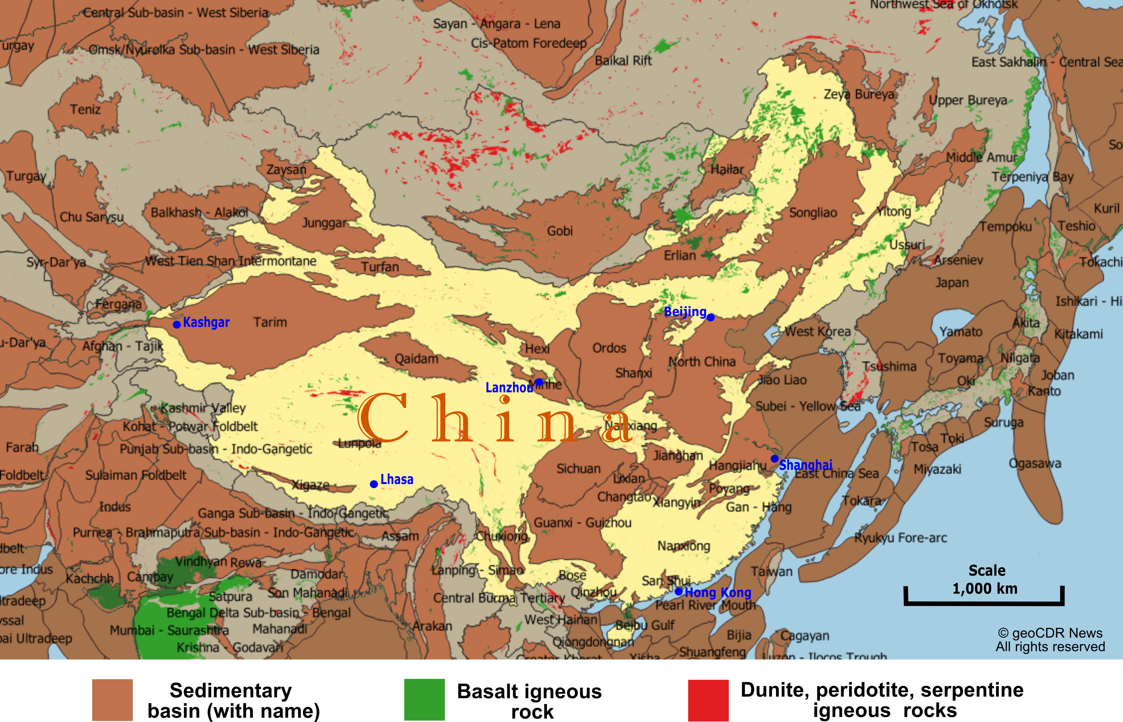 Sedimentary basins and areas underlain by igneous rock types that may be suitable for underground injection and storage of semi-liquid CO<sub>2</sub>.