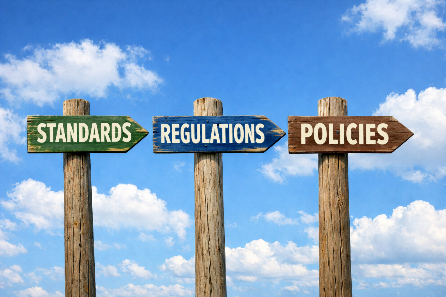 Signs on wooden posts with the words standards, regulations, policies, set against a background of blue sky with puffy clouds.